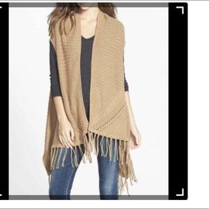Ella Moss LENA Fringed Vest Size XS Open Front Camel Brown Tan Knit Sweater
